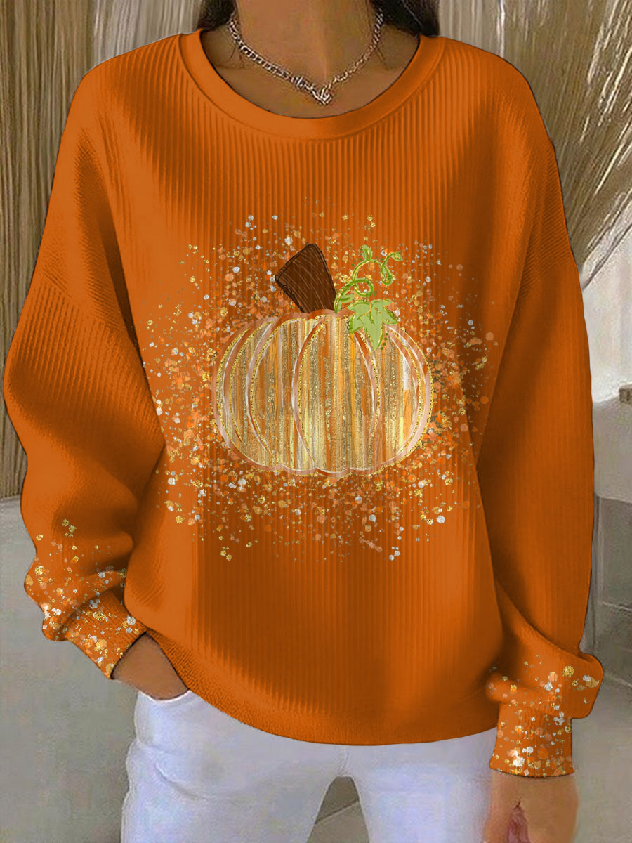Crew Neck Long Sleeve Pumpkin Print Ribbed Sweatshirt 3