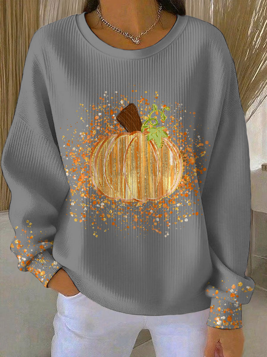 Crew Neck Long Sleeve Pumpkin Print Ribbed Sweatshirt 4