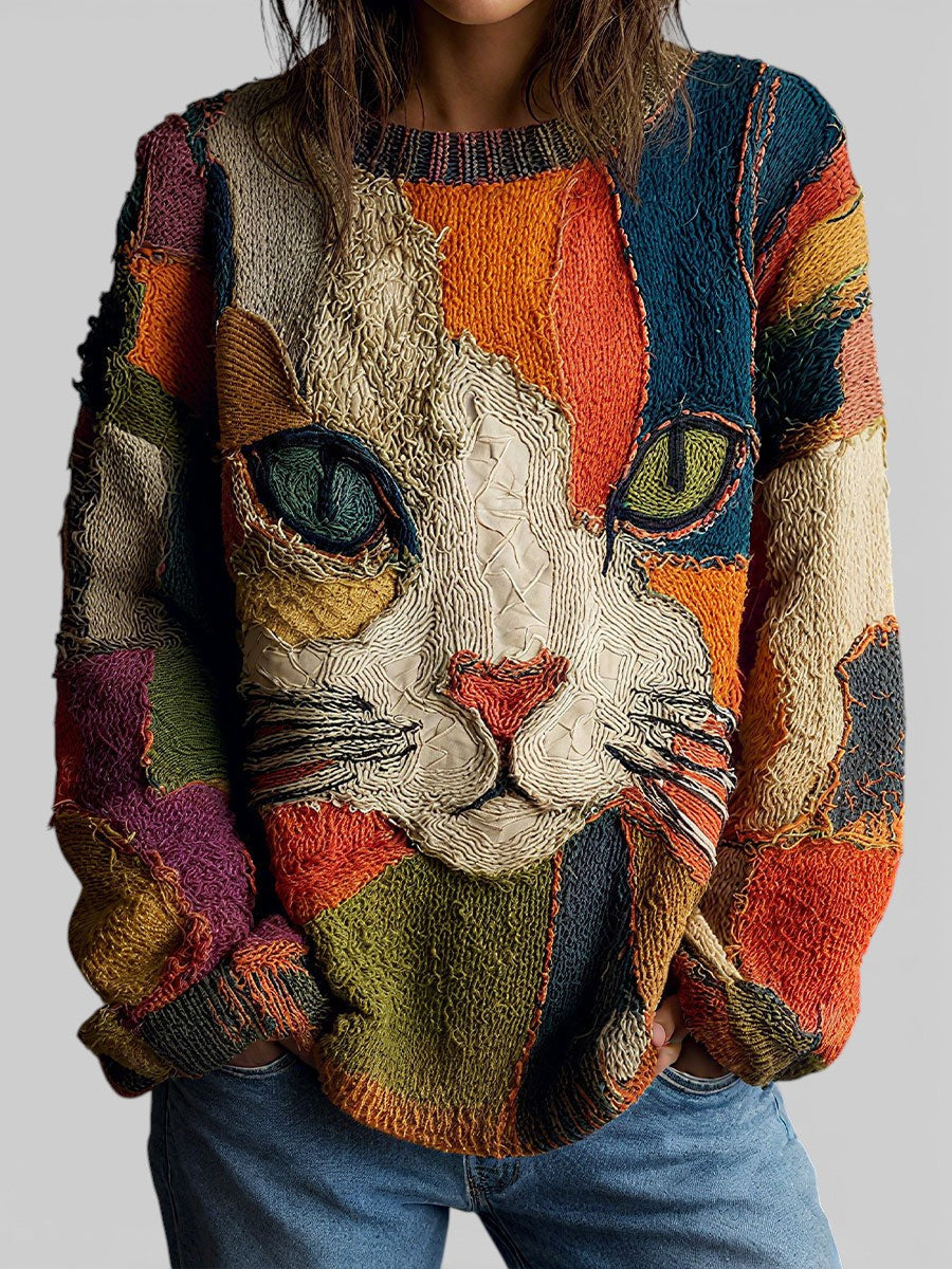 Cat Print Crew Neck Long Sleeve Knit Sweater