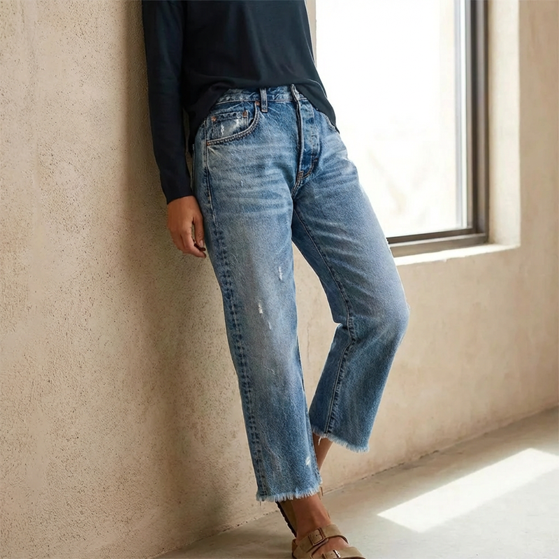 Distressed Raw Hem Wide Leg Cropped Jeans 6