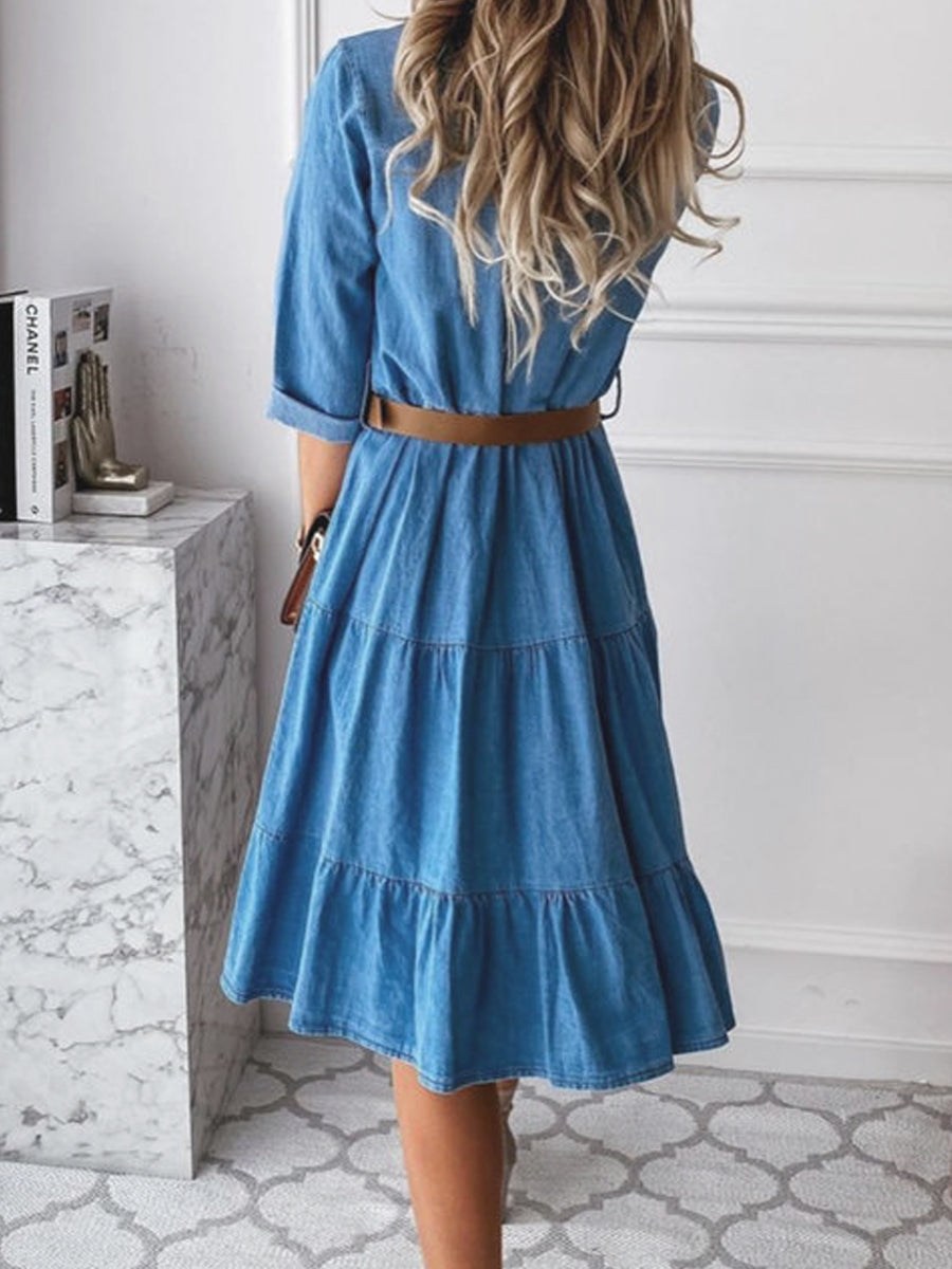 Button Front Tiered Belted Denim Shirt Dress Midi 3