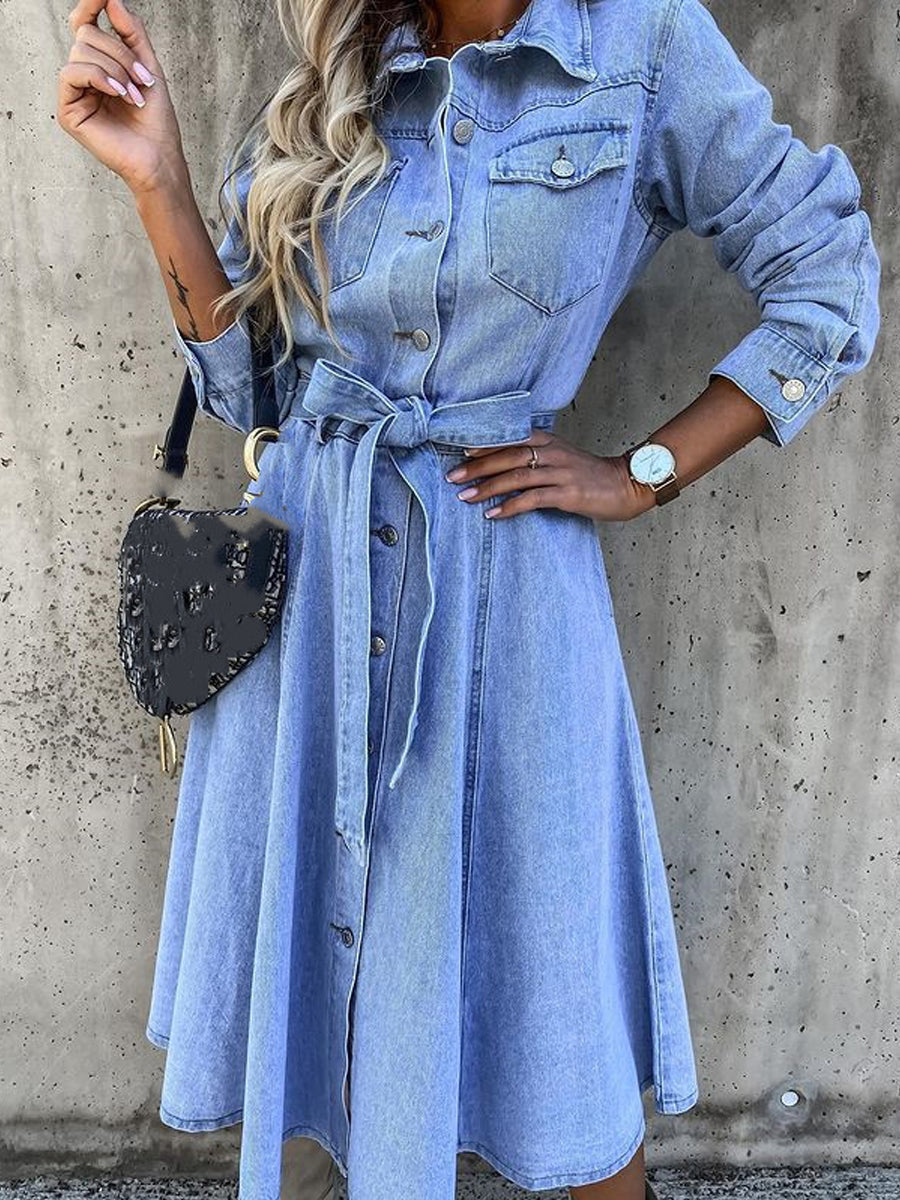 Button Front Belted Long Sleeve Denim Shirt Dress 2