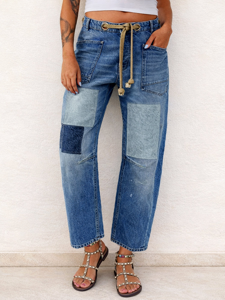 Rope Drawstring Patchwork Straight Leg Jeans