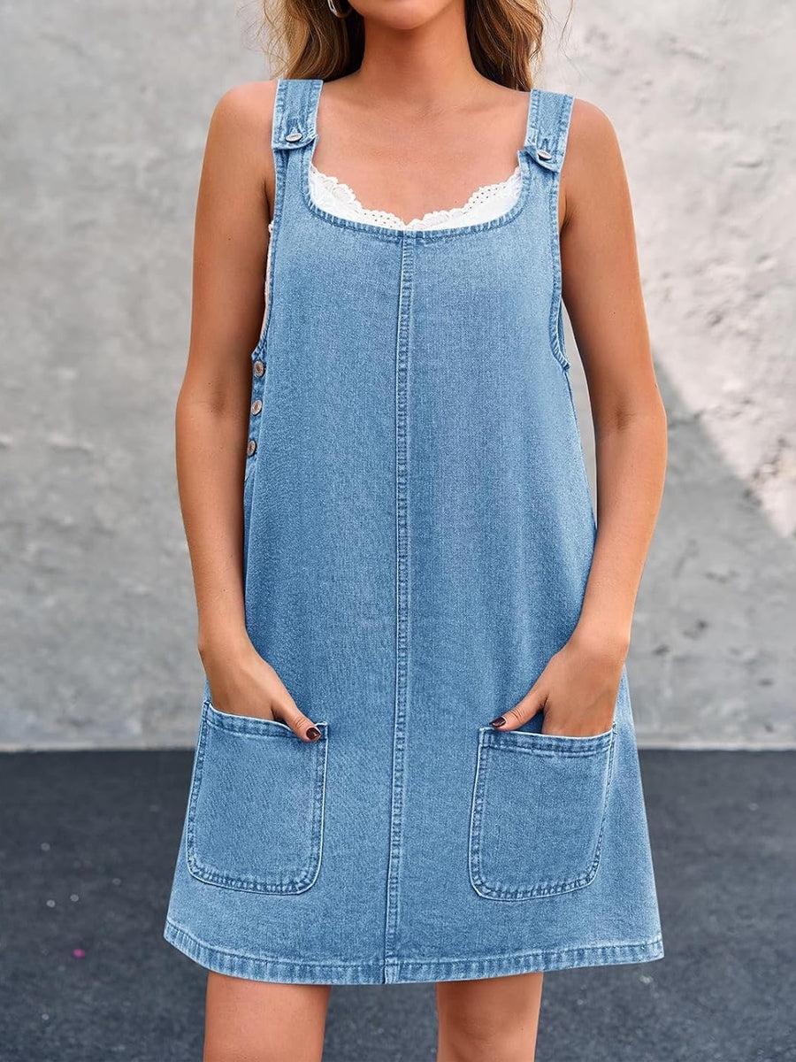 Square Neck Sleeveless Denim Pinafore Mini Dress 3