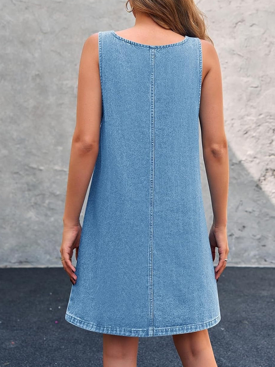 Square Neck Lace Trim Pocket Denim Pinafore Dress 5