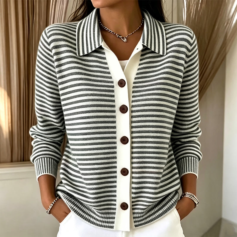 Striped Collared Button Front Long Sleeve Knit Cardigan 5