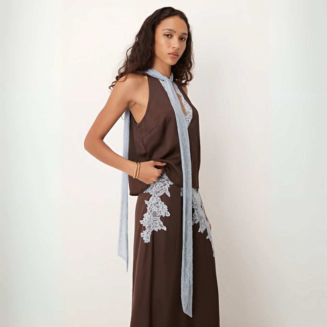 Halter Neck Lace Trim Tie Detail Satin Maxi Dress 2