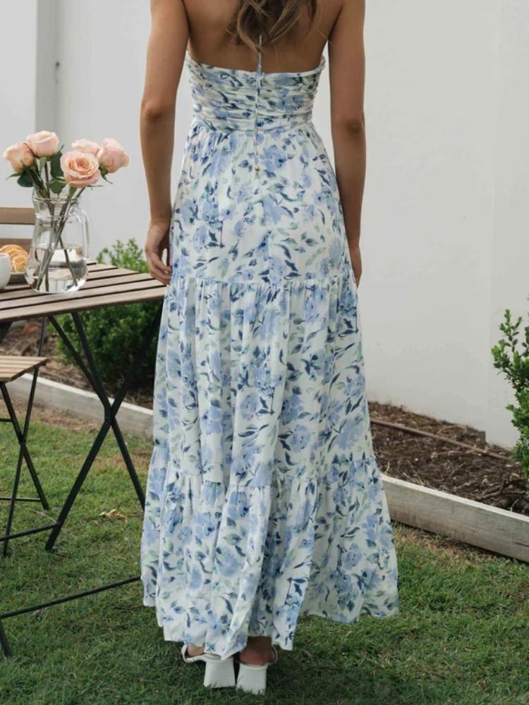 Floral Halter Neck Ruched Tiered Maxi Summer Dress - View 7