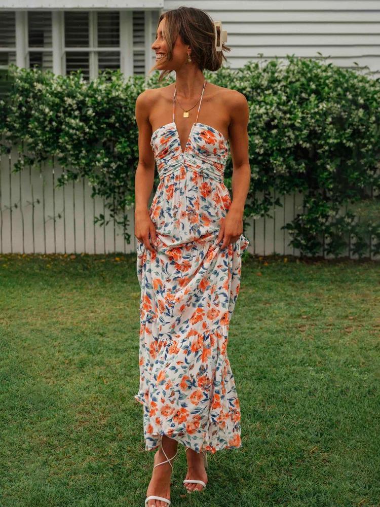 Floral Halter Neck Ruched Tiered Maxi Summer Dress - View 2