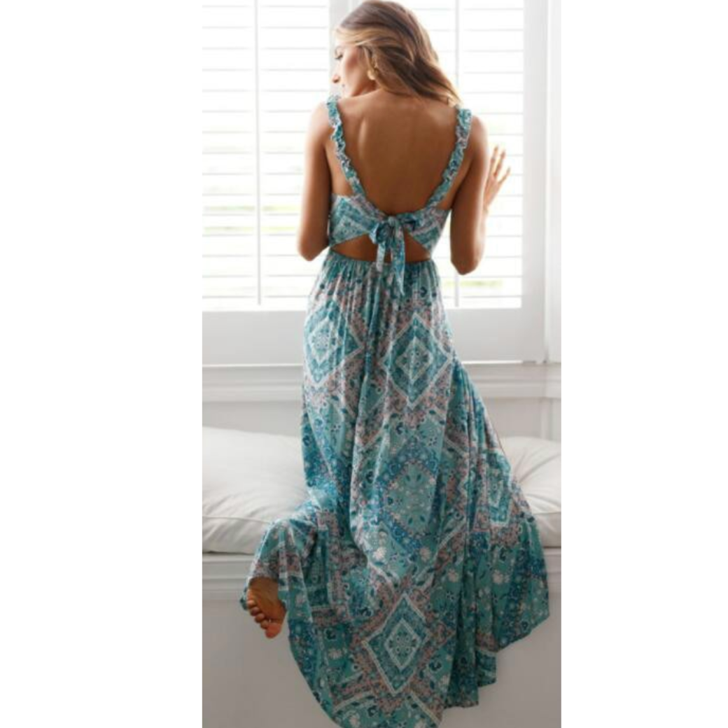 Ruffle Strap Open Back Tie Back Sleeveless Maxi Dress