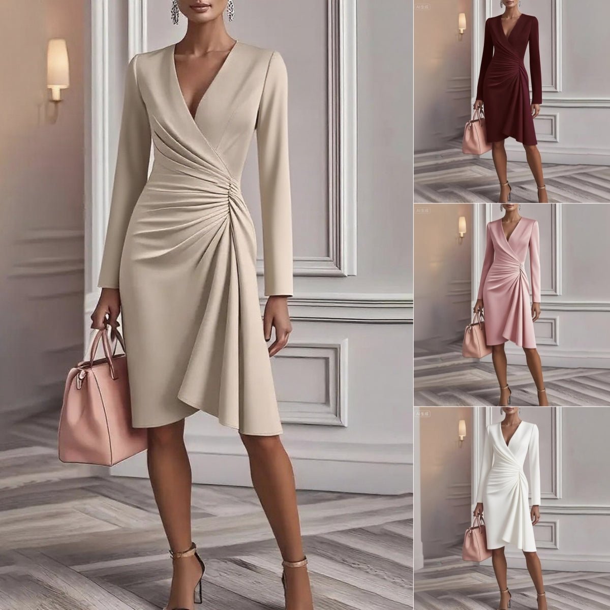 V-Neck Long Sleeve Ruched Wrap Midi Dress 6