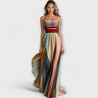 Striped Strapless Pleated A-Line Maxi Dress