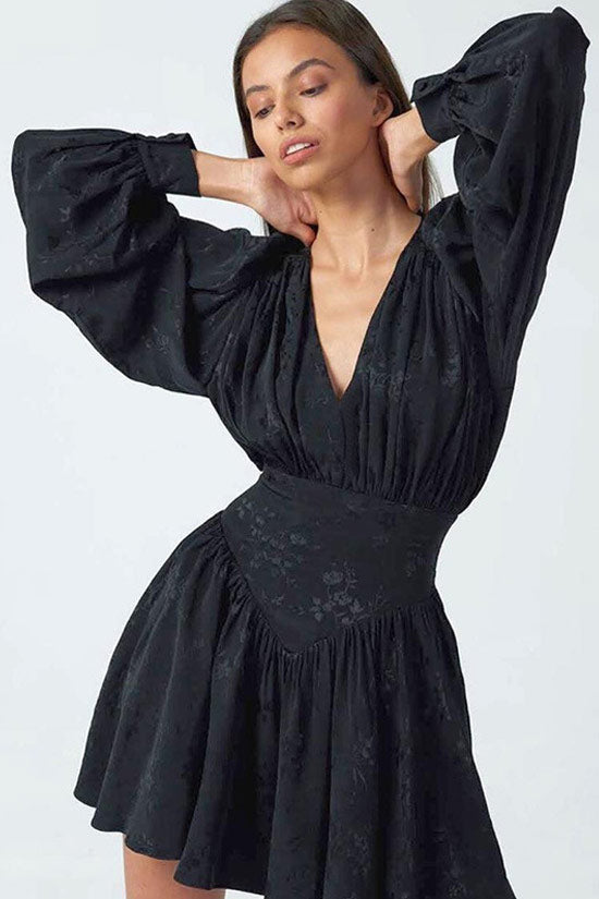Floral Jacquard Deep V-Neck Long Sleeve Corset Mini Dress