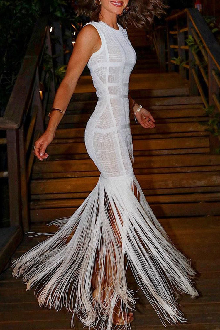 Swingy Fringe Round Neck Sheer Tulle Bandage Maxi Dress - White