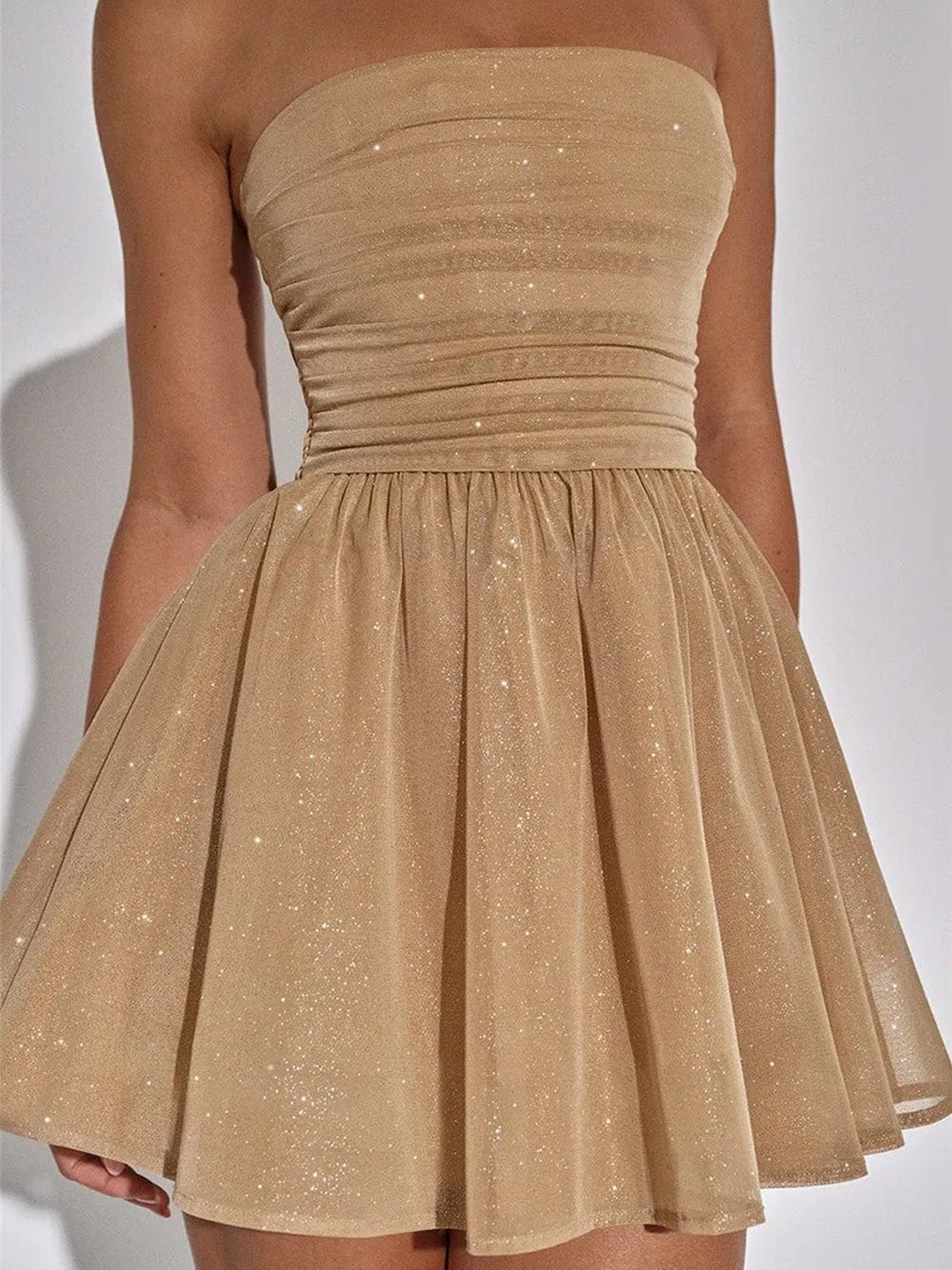 Glitter Tulle Strapless Ruched Fit and Flare Mini Dress - View 3