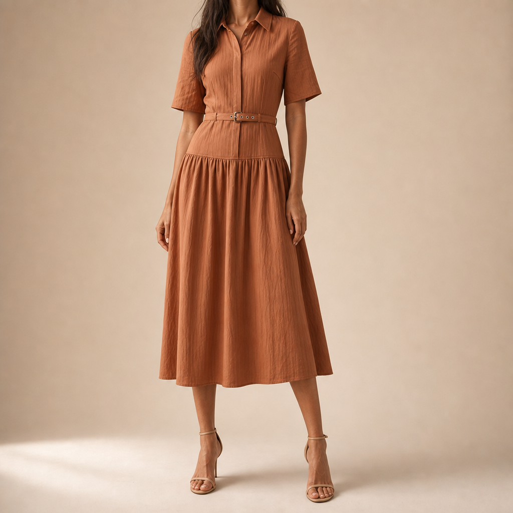 Collared Short Sleeve Belted Drop Waist Midi Shirt Dress