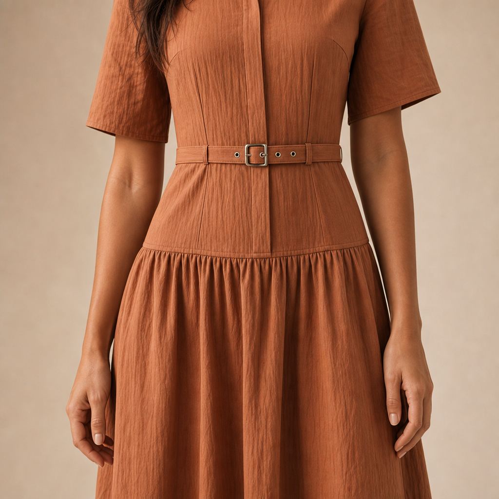 Collared Short Sleeve Belted Drop Waist Midi Shirt Dress 3