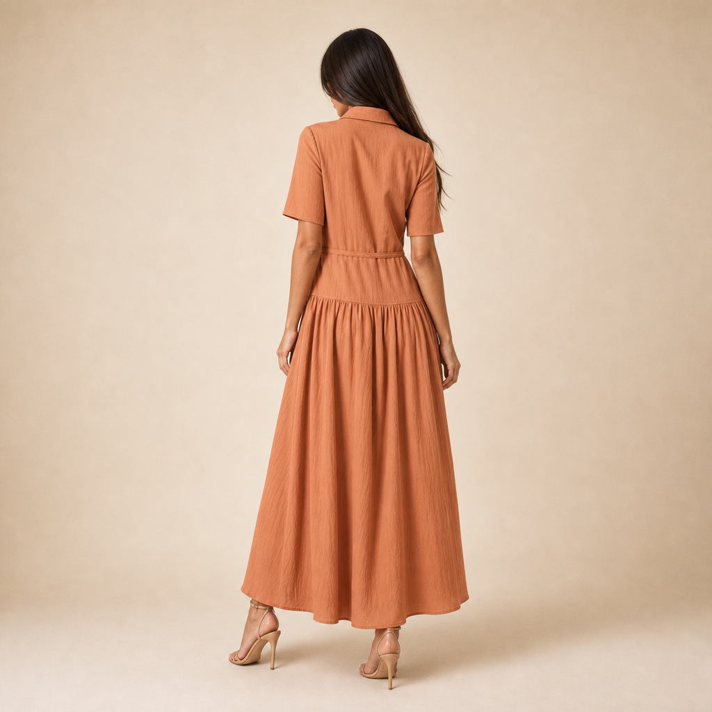 Collared Short Sleeve Belted Drop Waist Midi Shirt Dress 4