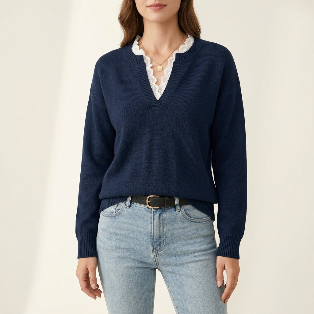 Lace Trim Split V-Neck Long Sleeve Knit Sweater