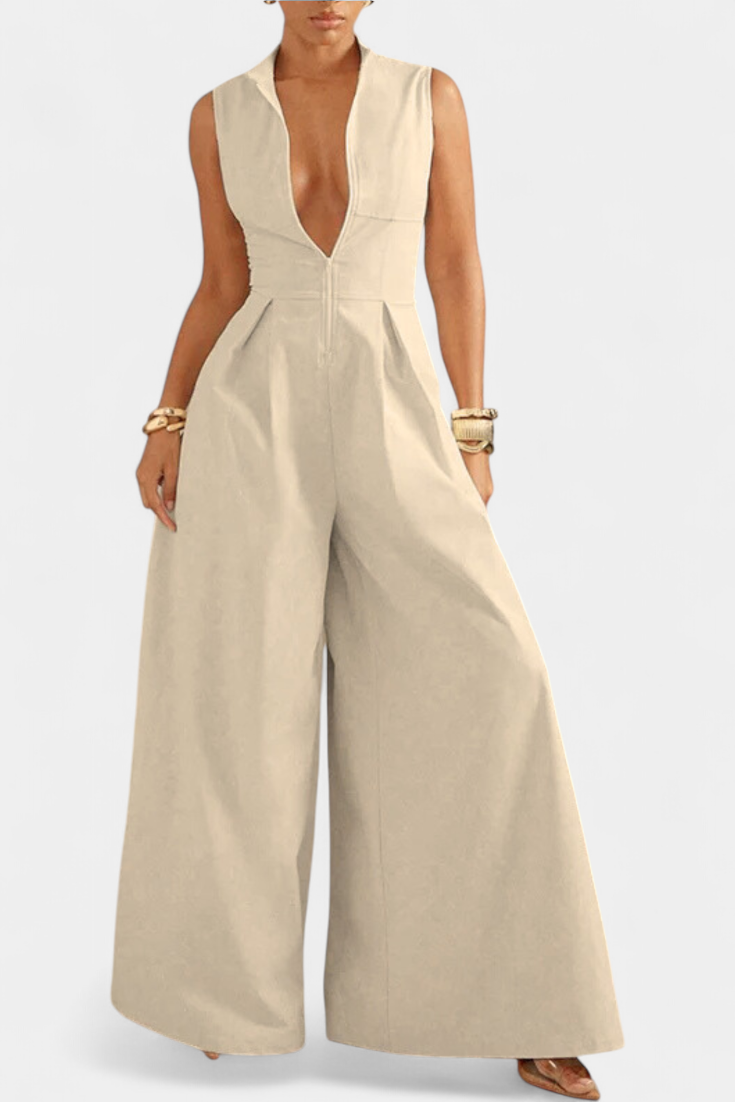 Deep V-Neck Sleeveless Pleated Wide Leg Jumpsuit 7