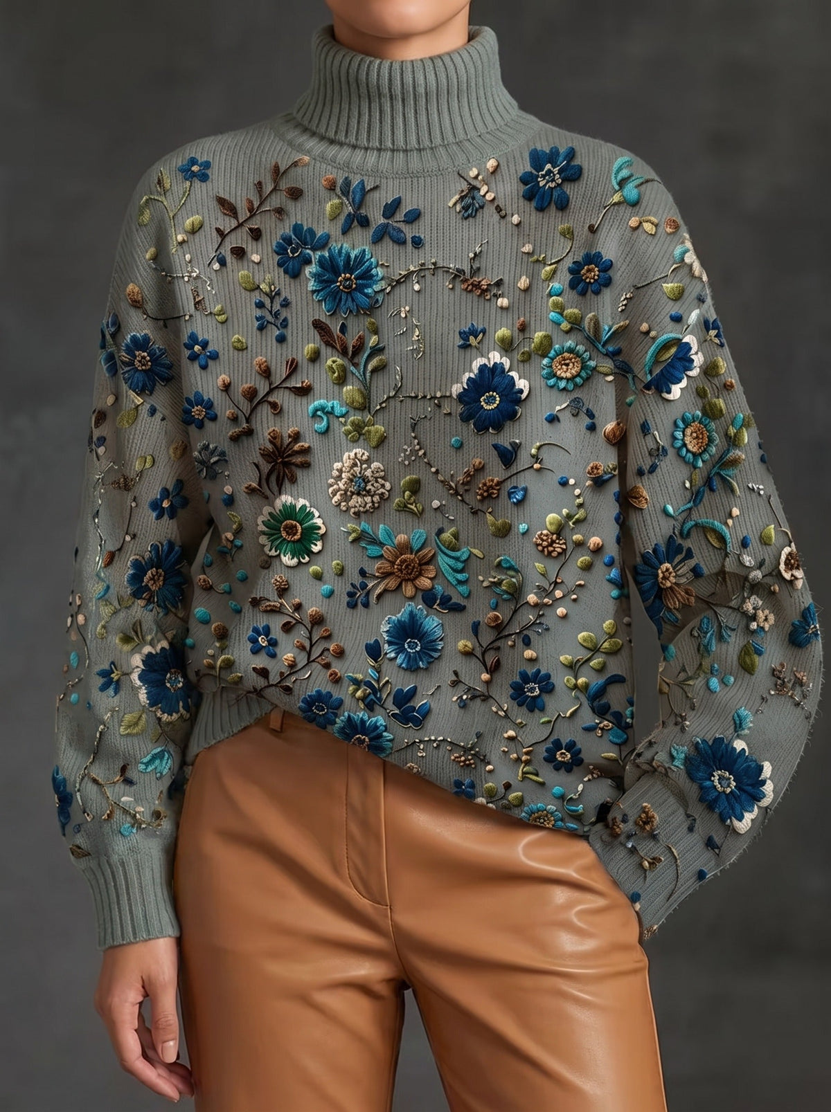 Floral Embroidered Turtleneck Long Sleeve Sweater