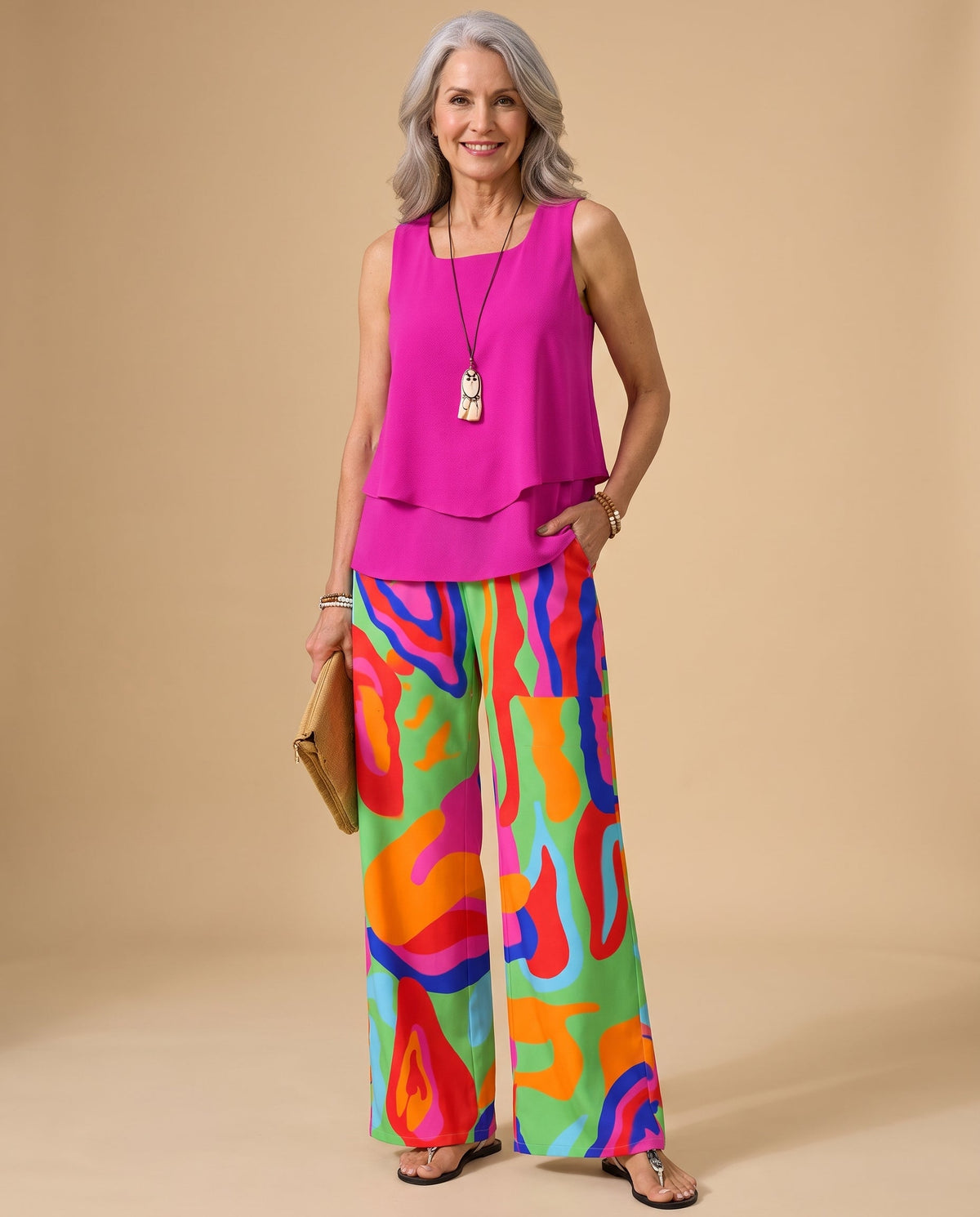Square Neck Layered Top and Abstract Print Wide Leg Pants Two Piece Set