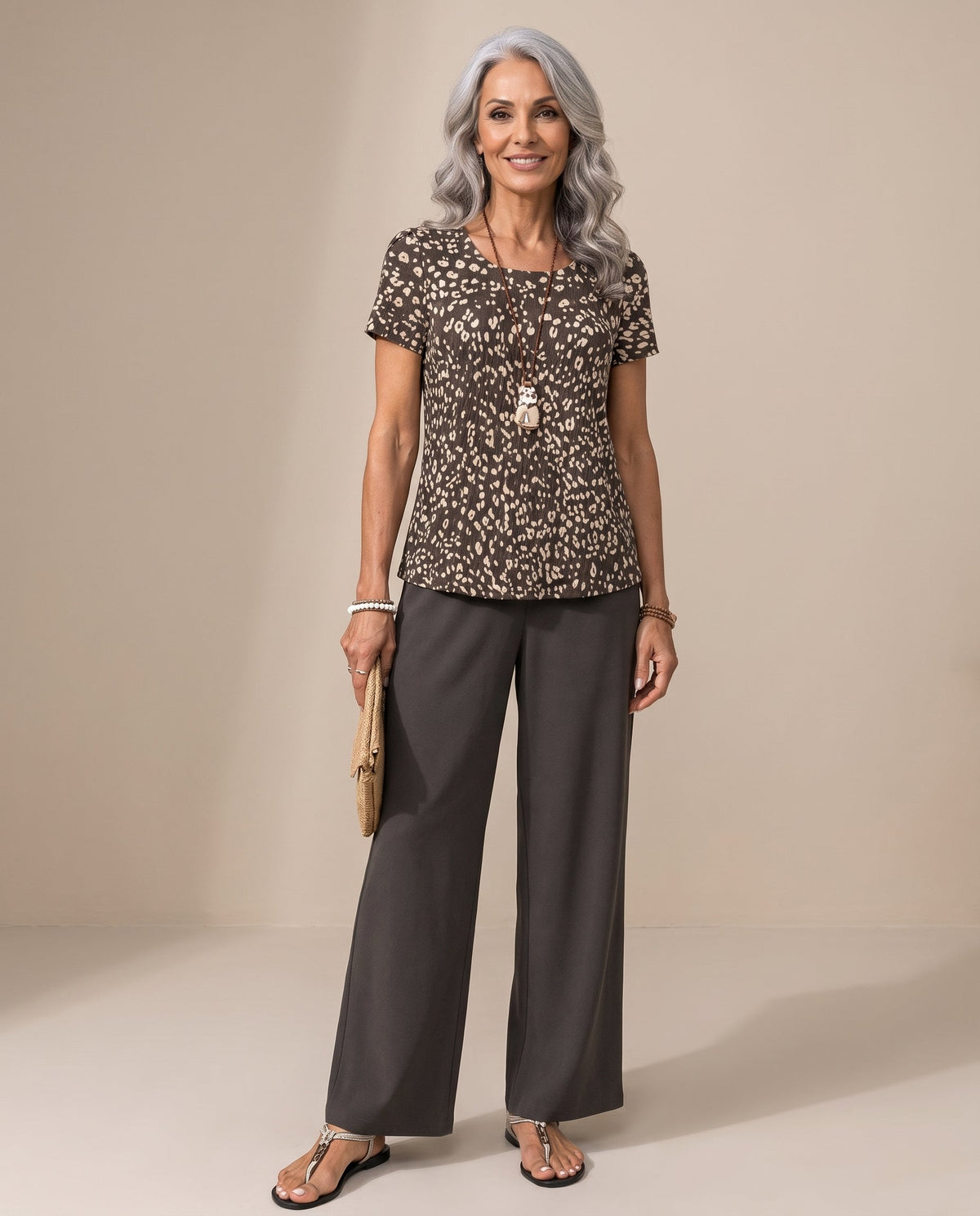 Animal Print Short Sleeve Top and Wide Leg Pants Two Piece Set