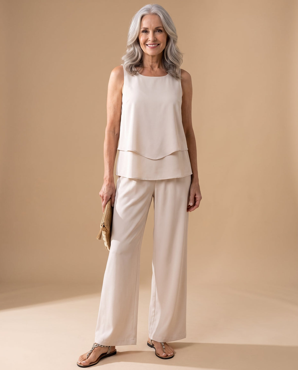 Square Neck Layered Chiffon Top and Wide Leg Pants Two Piece Set