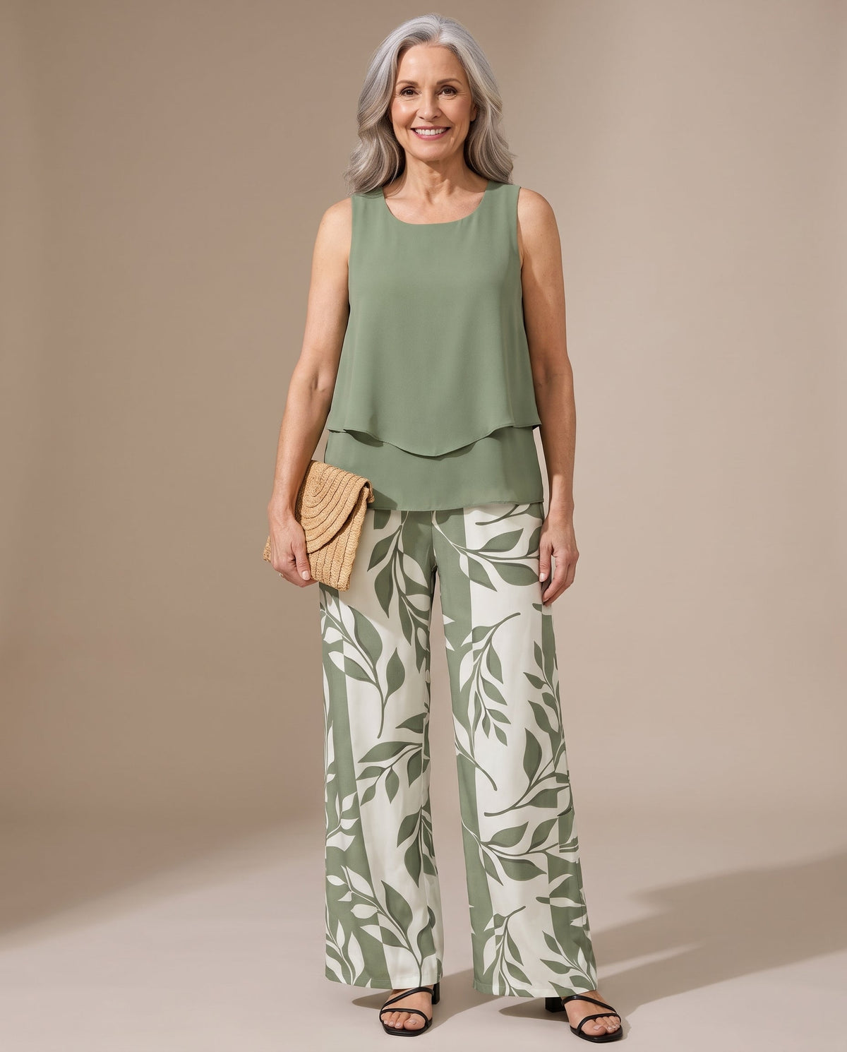 Sleeveless Layered Top and Leaf Print Wide Leg Pants Two Piece Set