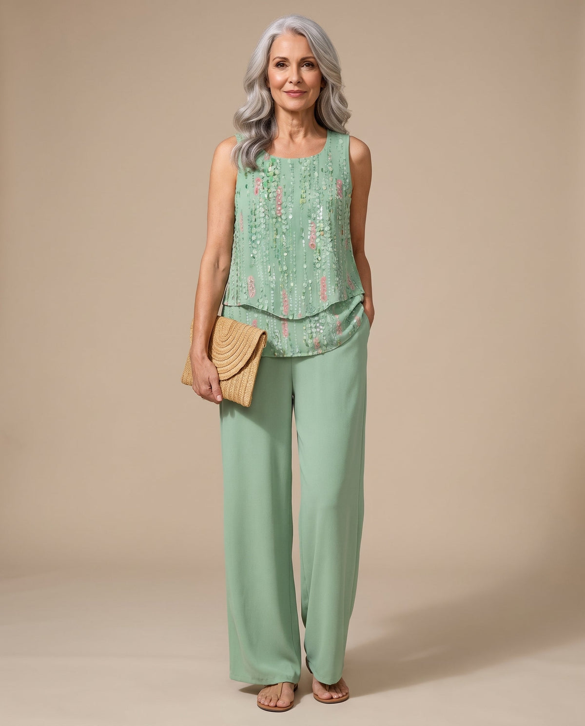 Sleeveless Sequin Layered Top and Wide Leg Pants Two Piece Set