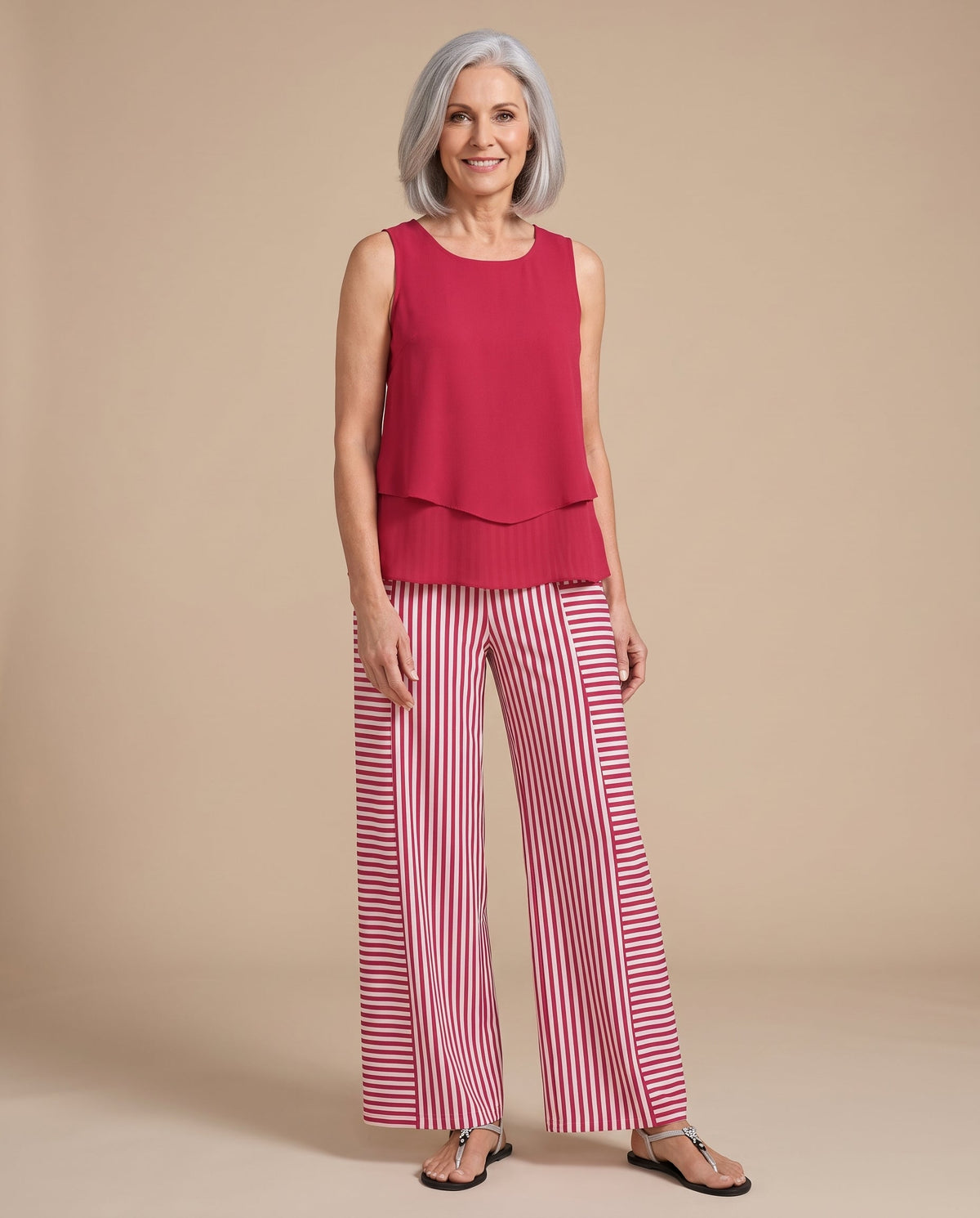 Sleeveless Layered Top and Striped Wide Leg Pants Two Piece Set