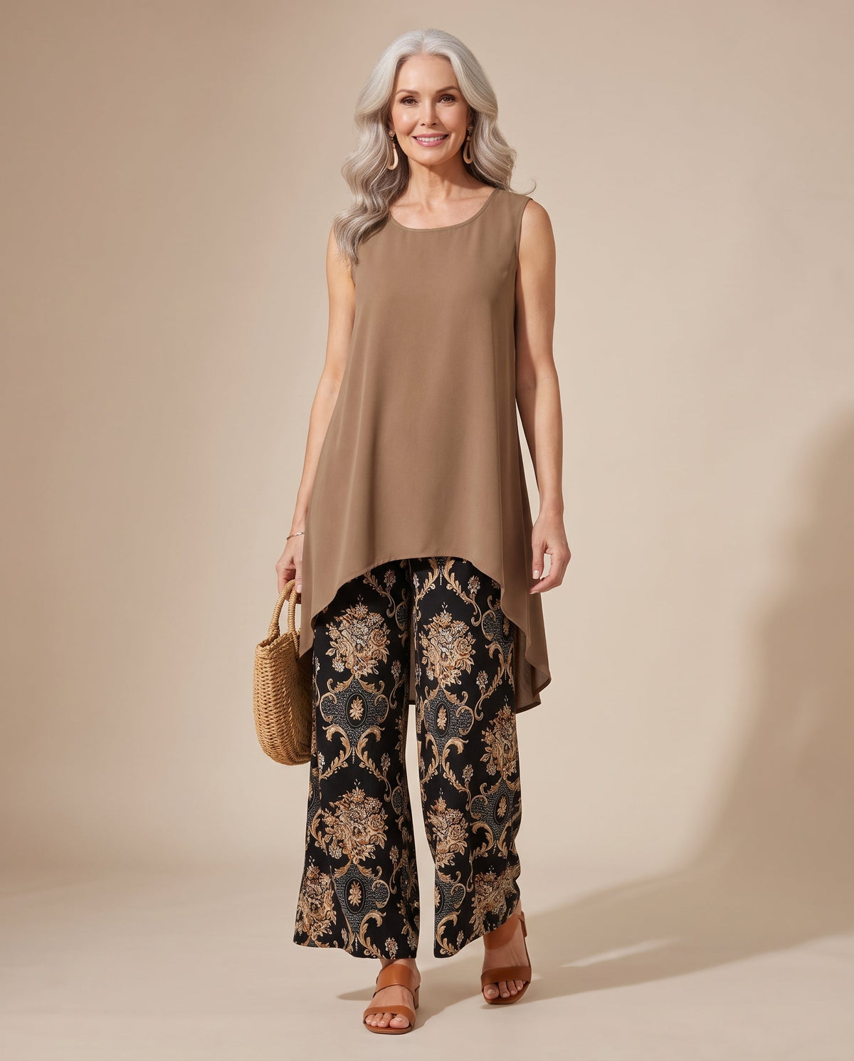 Sleeveless High Low Top and Baroque Print Wide Leg Pants Two Piece Set