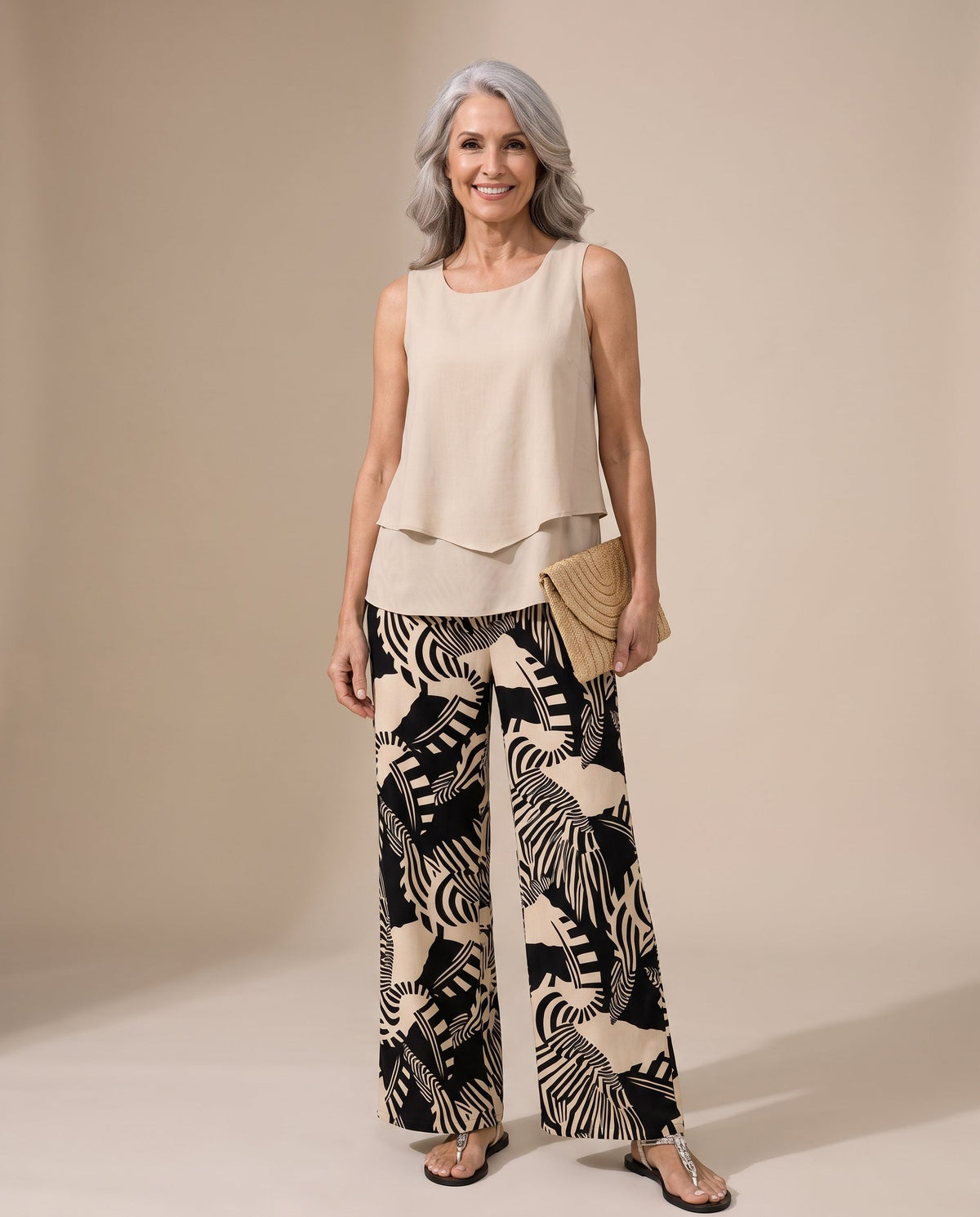 Sleeveless Top and Palm Print Wide Leg Pants Two Piece Set