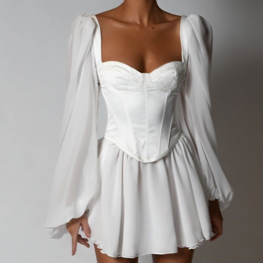Satin Square Neck Puff Sleeve Corset Mini Dress - View 3