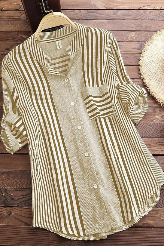 Striped Stand Collar Roll Tab Sleeve Button Front Shirt 4