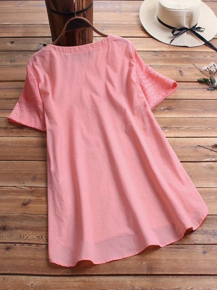 Eyelet Round Neck Short Sleeve Button Placket Layered Hem Tunic Top 6