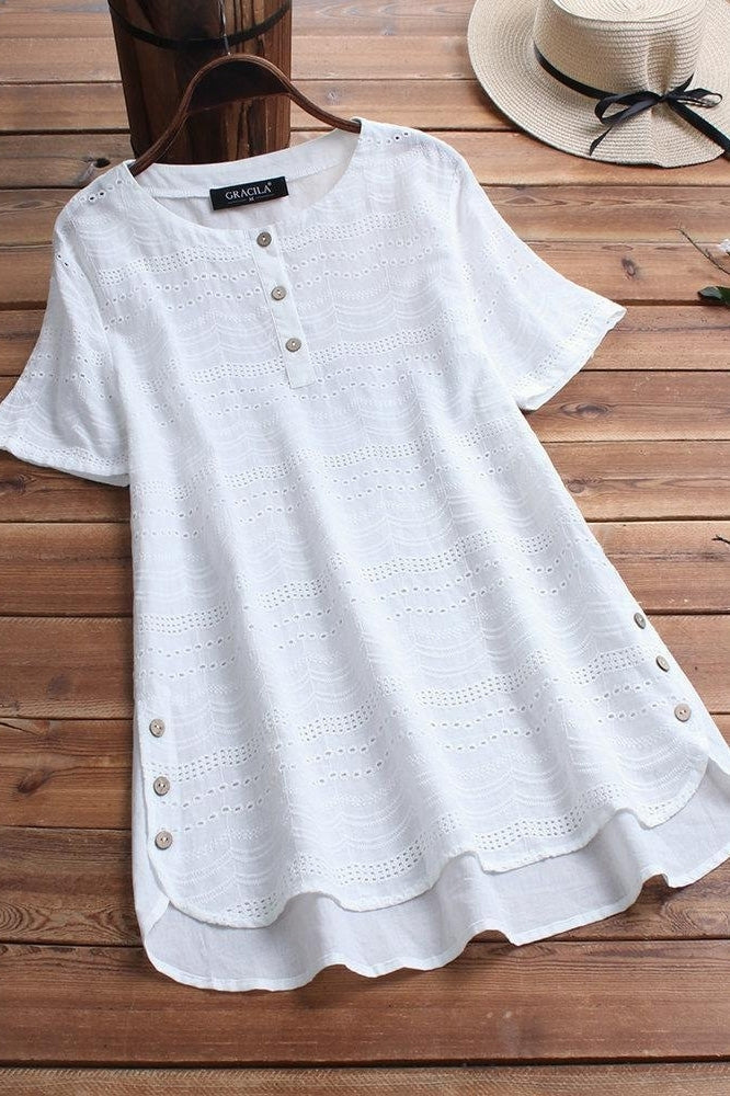 Eyelet Round Neck Short Sleeve Button Placket Layered Hem Tunic Top