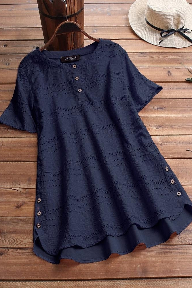 Eyelet Round Neck Short Sleeve Button Placket Layered Hem Tunic Top 2