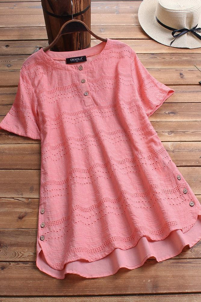 Eyelet Round Neck Short Sleeve Button Placket Layered Hem Tunic Top 3