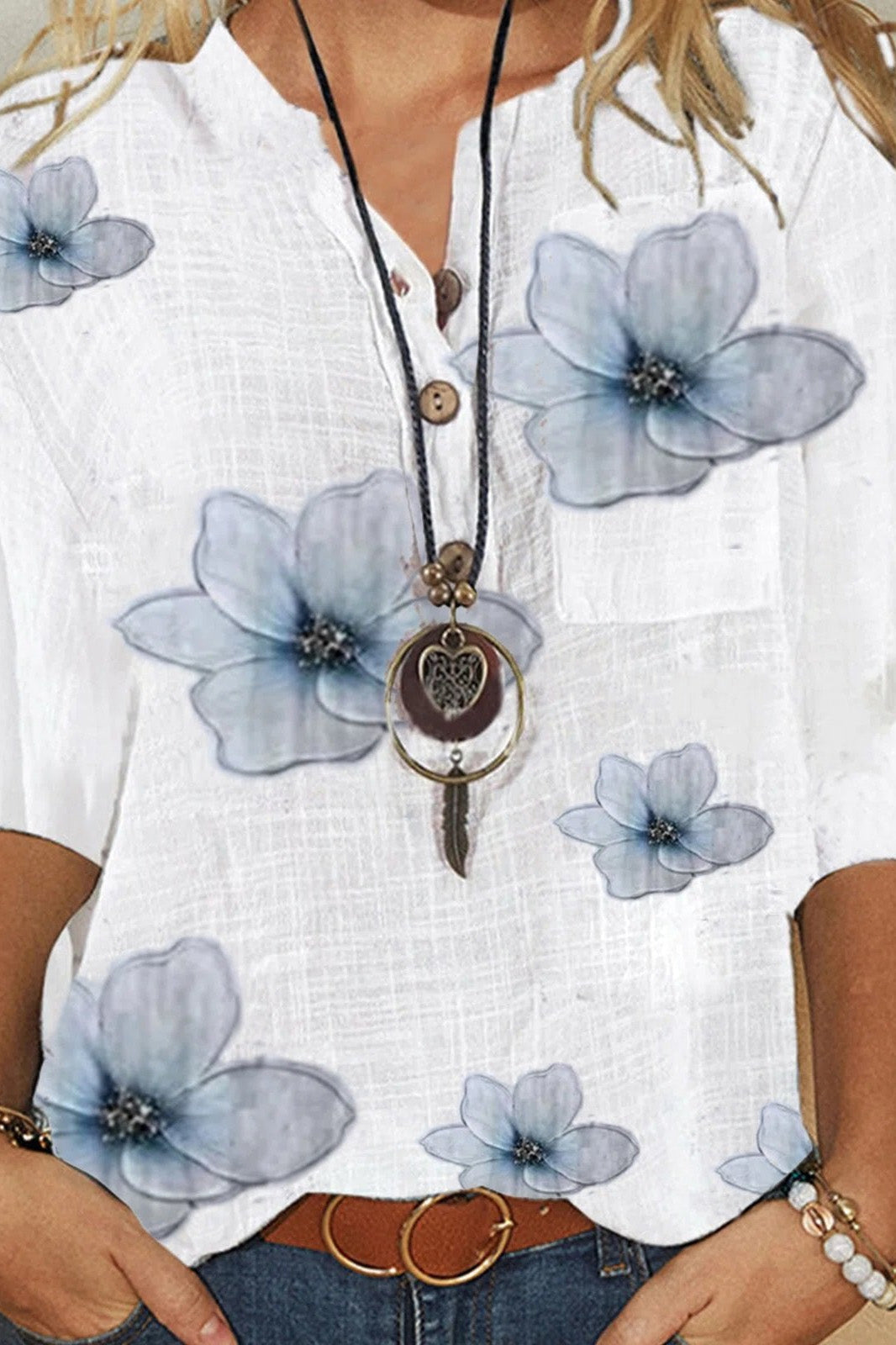 Floral Print Button Front Half Sleeve Blouse 2