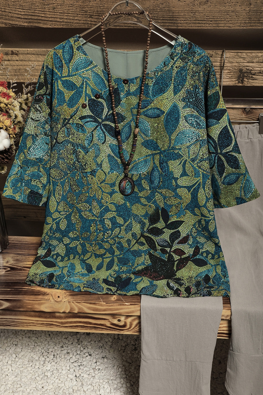 Notch Neck Half Sleeve Floral Print Contrast Trim Blouse 3