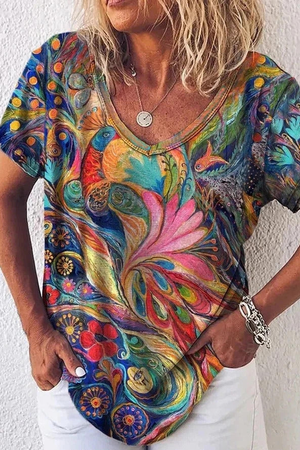 V-Neck Short Sleeve Peacock Print T-Shirt