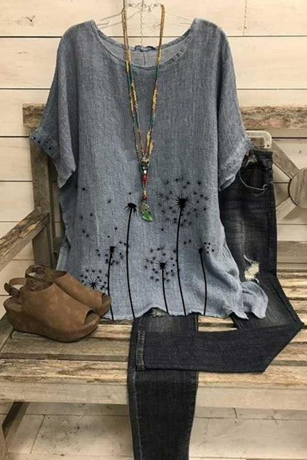 Dandelion Print Round Neck Short Sleeve Linen Look Blouse