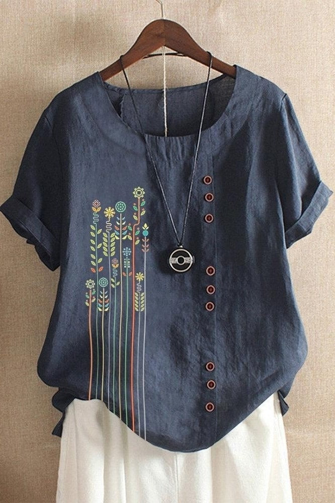 Bold Floral Print Waffle Knit Henley Short Sleeve Top 3