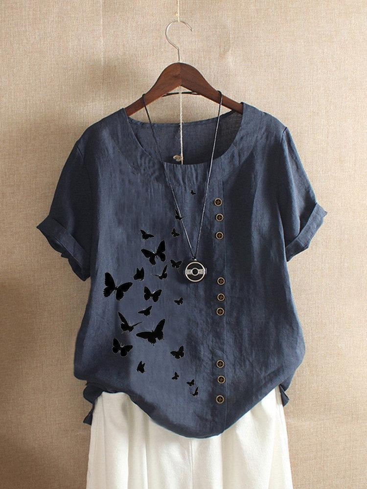 Butterfly Print Round Neck Short Sleeve Button Trim Linen Look Top 3