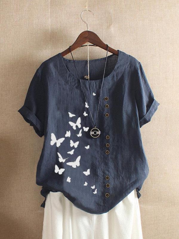 Butterfly Print Round Neck Short Sleeve Button Trim Linen Look Top 4