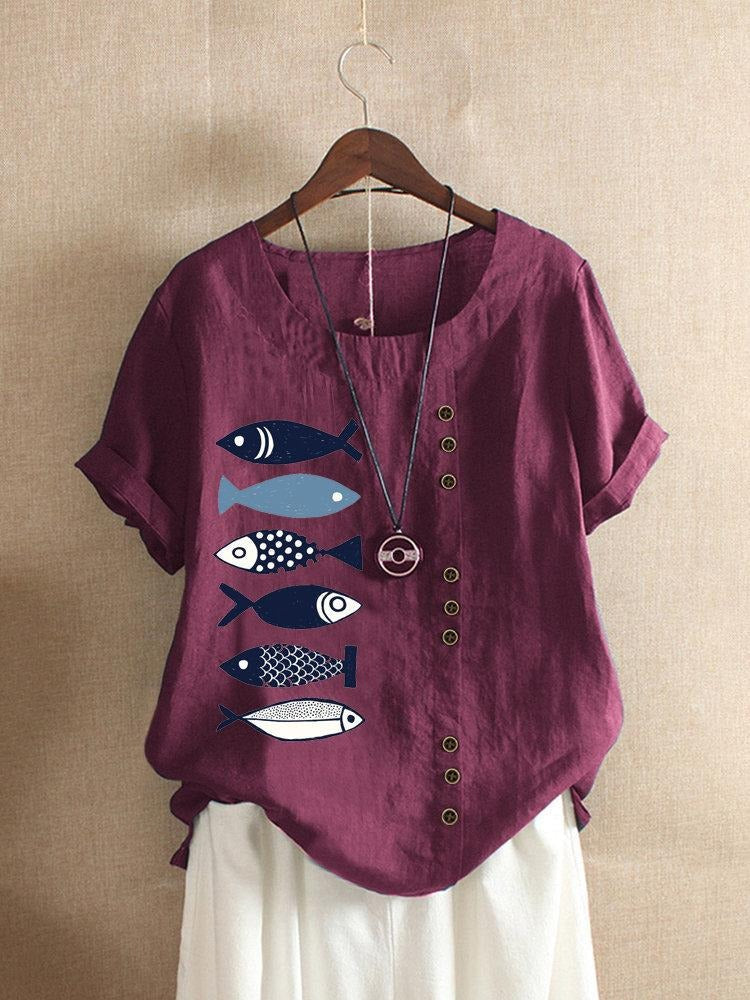 Fish Print Round Neck Short Sleeve Linen Top 2