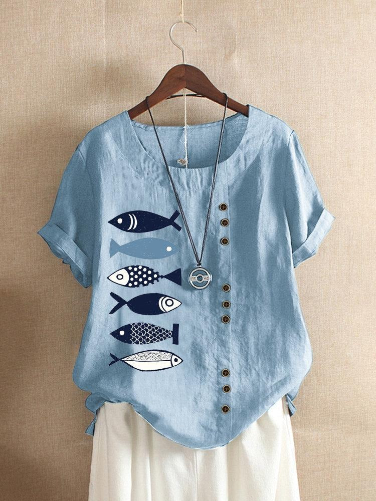 Fish Print Round Neck Short Sleeve Linen Top