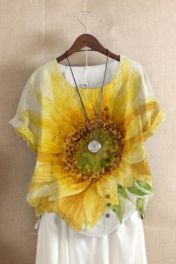 Sunflower Print Round Neck Short Sleeve Button Trim Linen Look Top