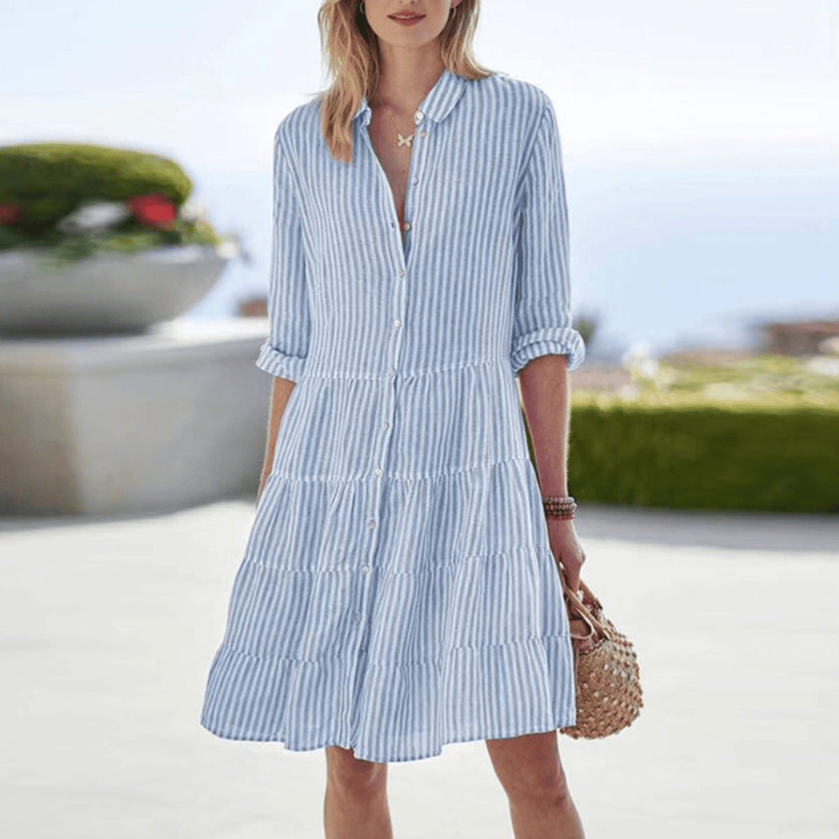 Button Down Collar Tiered Long Sleeve Shirt Mini Dress - View 4
